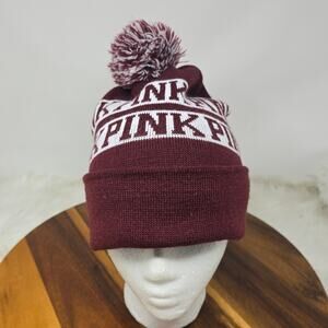 Victoria Secret Pink Maroon White Pom Pom Winter Warm Beanie OSFM